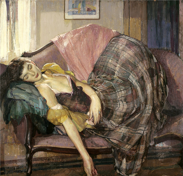 《格子裙》理查德·爱德华·米勒（Richard Edward Miller）-Юбка (The Plaid Skirt) 86.4 х 91.4 д.,м. Частное собрание