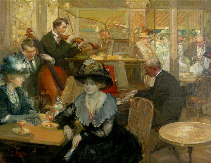 《巴黎L'Avenue咖啡馆》理查德·爱德华·米勒（Richard Edward Miller）-Café L’Avenue, Paris, c. 1906-1910, oil on canvas
