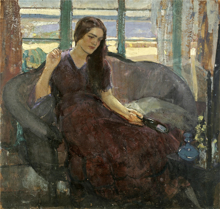 《坐在沙发上的年轻女子》理查德·爱德华·米勒（Richard Edward Miller）-(Young woman seated on sofa) 86.4 х 91.4 