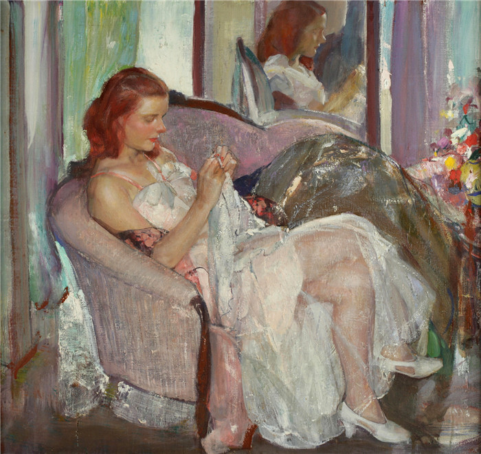 理查德·爱德华·米勒（Richard Edward Miller）-年轻女士缝纫(Young Lady Sewing) 77.5 х 82.6 
