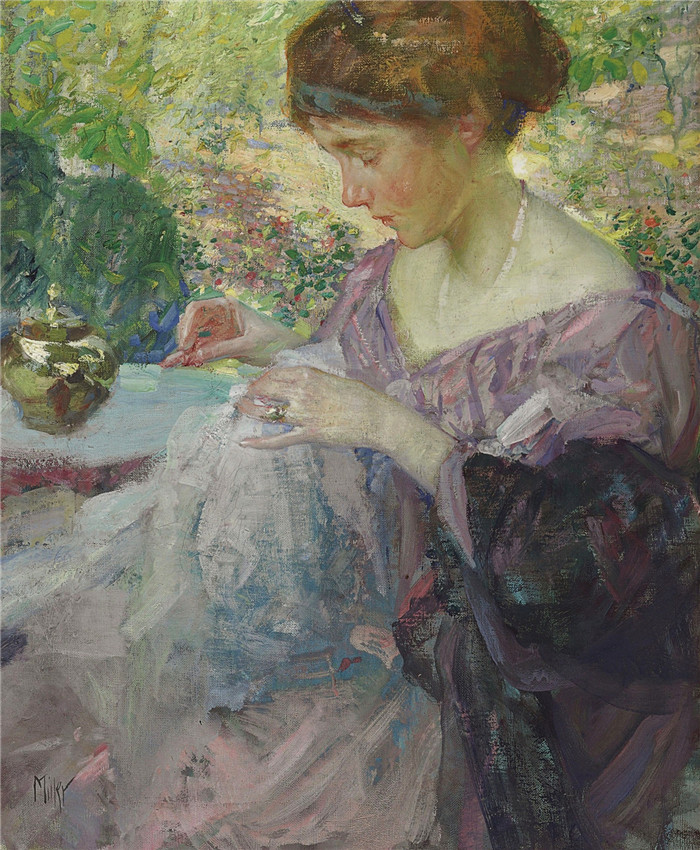 理查德·爱德华·米勒（Richard Edward Miller）-年轻女子缝纫(Young Woman Sewing) 72.4 х 59.7  