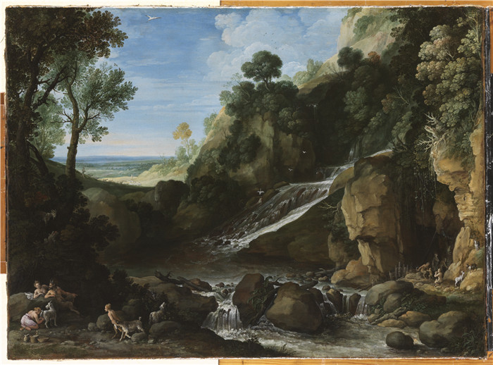 《山景与瀑布》保罗·布里尔（Paul Bril） 的画作-Berglandschap  met waterval