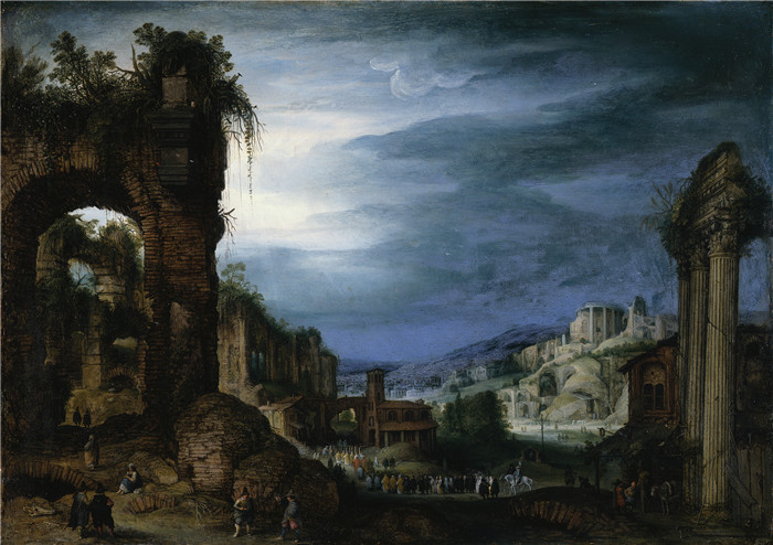 《罗马废墟景观》保罗·布里尔（Paul Bril） 的画作-Landscape with Roman Ruins and a Procession