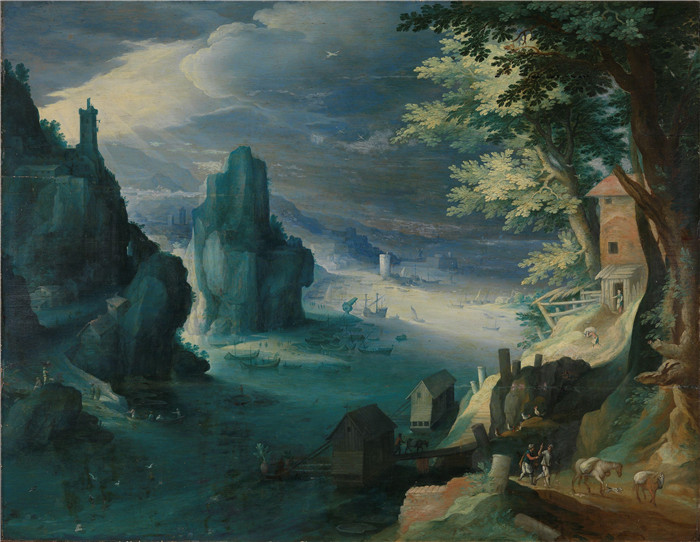 《岩石海岸的船只》保罗·布里尔（Paul Bril） 的画作-Ships at a rocky coast