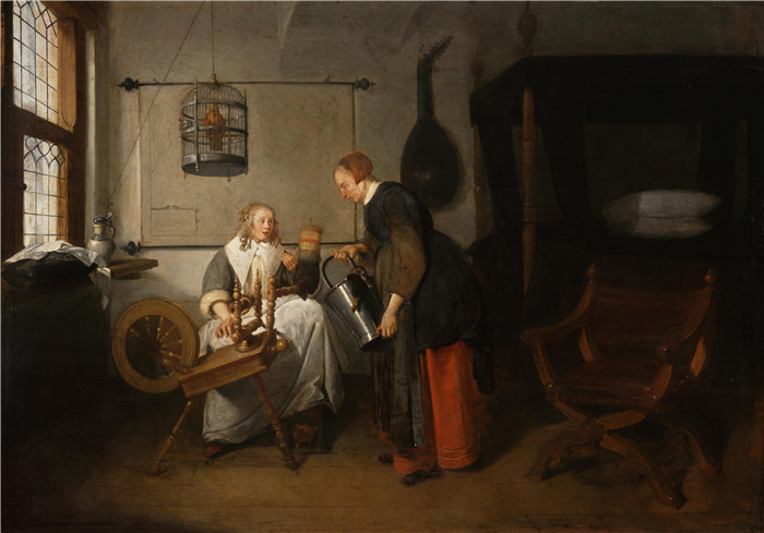 《纺车旁的年轻女子》奎里恩·范·布雷克伦卡姆（Quirijn Van Brekelenkam）-Young Woman at the Spinning Wheel