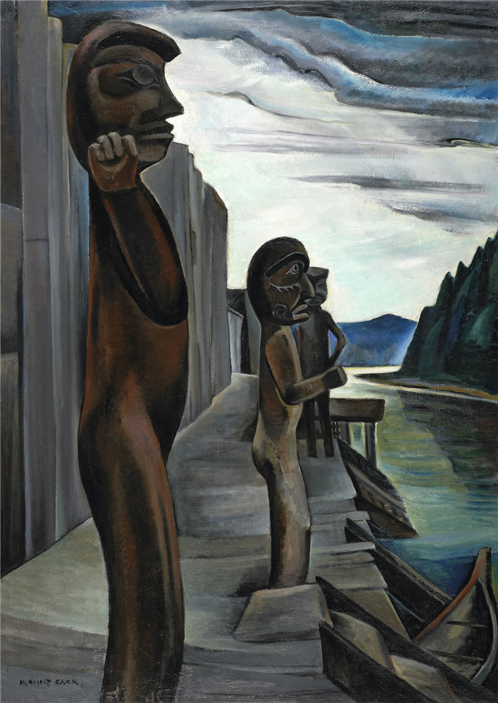 《布伦登港图腾》艾米丽·卡尔 （Emily Carr） 的画作-Blunden harbour totems 