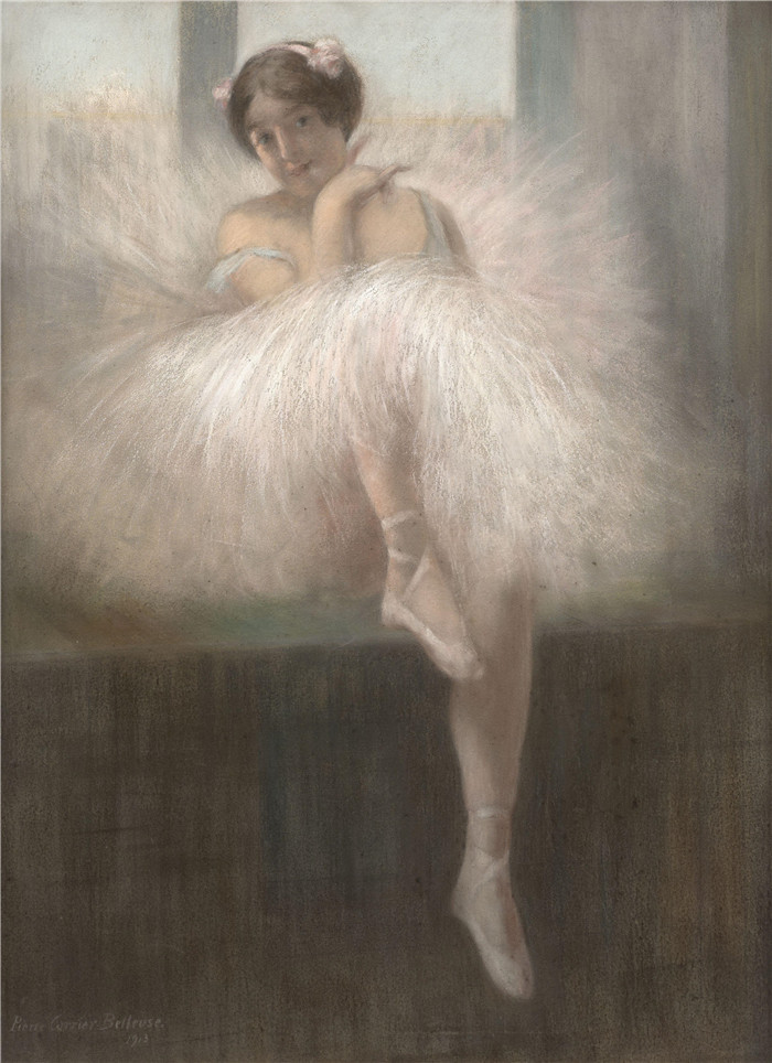 《坐在窗台上的舞者》皮埃尔·开利-贝勒斯（Pierre-Gérard Carrier-Belleuse）-Dancer sitting on a window sill (1913)
