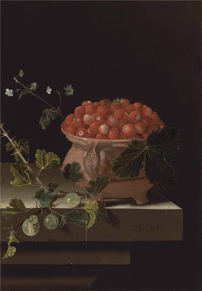 《一碗草莓》阿德里亚恩·科特(Adriaen Coorte)作品-Een kom aardbeien met kruisbessen op een stenen richel