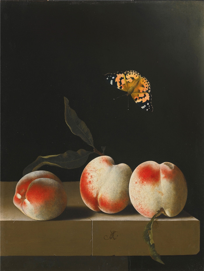 《三个桃子》阿德里亚恩·科特(Adriaen Coorte)作品-Three peaches on a stone ledge with a Painted Lady butterfly