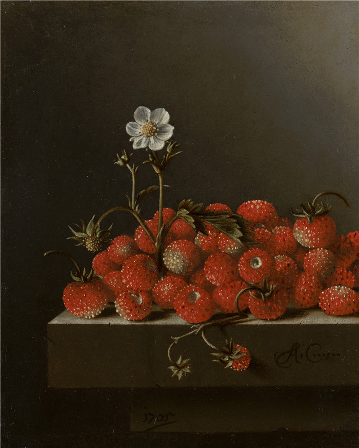 《野生草莓静物画》阿德里亚恩·科特(Adriaen Coorte)作品-Still Life with Wild Strawberries 