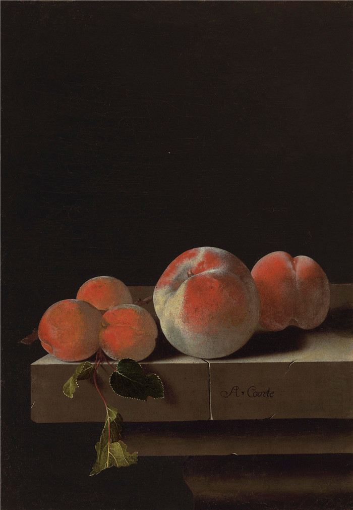 阿德里亚恩·科特(Adriaen Coorte)作品-桃子Perziken en abrikozen op een stenen richel