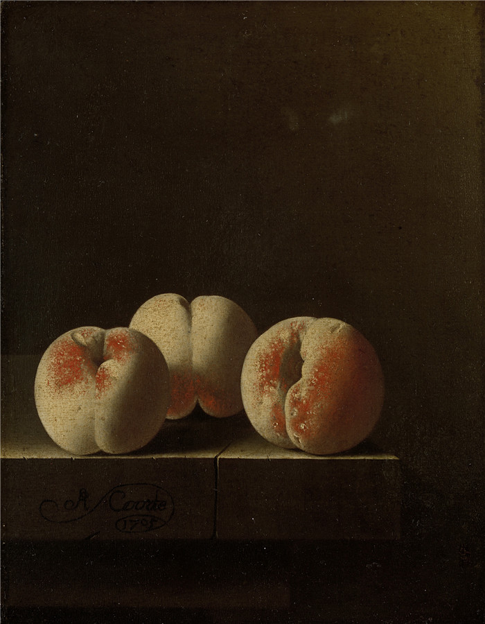 阿德里亚恩·科特(Adriaen Coorte)作品-石头底座上的三个桃子Drie perziken op een stenen plint
