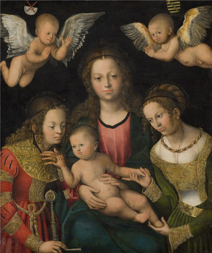 《麦当娜与孩子》老卢卡斯·克拉纳赫（Lucas Cranach the Elder）作品-Madonna und Kind mit den Heiligen Katharina und Barbara