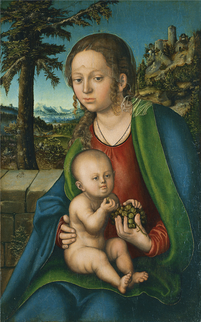 《带着一束葡萄的圣母和孩子》老卢卡斯·克拉纳赫（Lucas Cranach the Elder）作品-Virgin and Child with a Bunch of Grapes