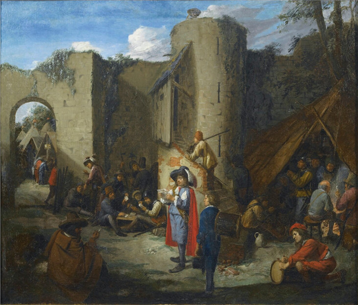 乔斯·范·克雷斯贝克（Joos van Craesbeeck）作品-一名军官在城堡围墙旁的军营里读信