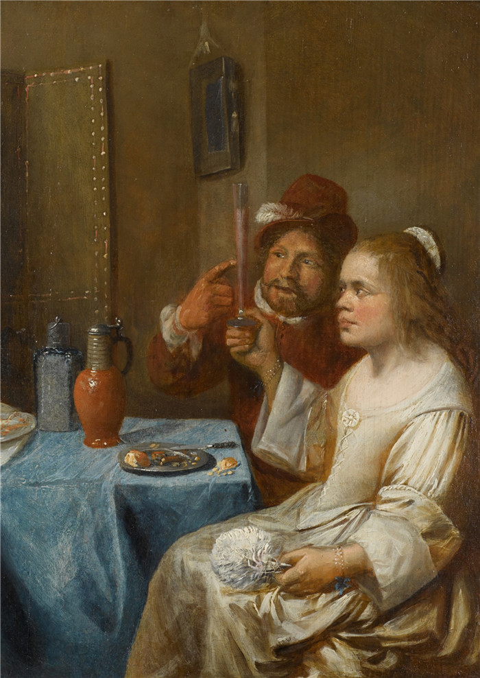《一对夫妇在喝酒》乔斯·范·克雷斯贝克（Joos van Craesbeeck）作品-A couple drinking wine