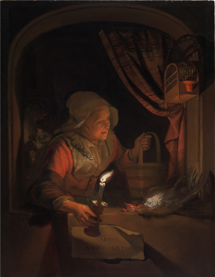 《窗前拿着蜡烛的老妇人》杰拉德·杜（Gerard Dou ）的画作-Old Woman at a Window with a Candle