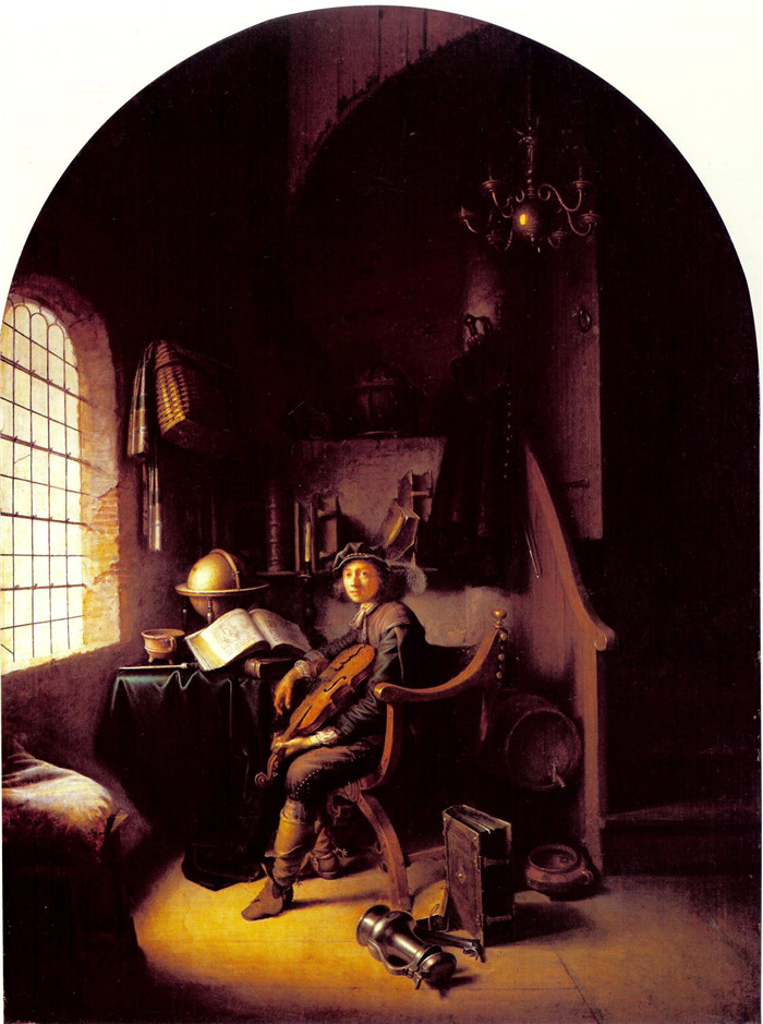 《年轻的小提琴手坐在书房里》杰拉德·杜（Gerard Dou ）的画作-Young violinist sitting in his study room