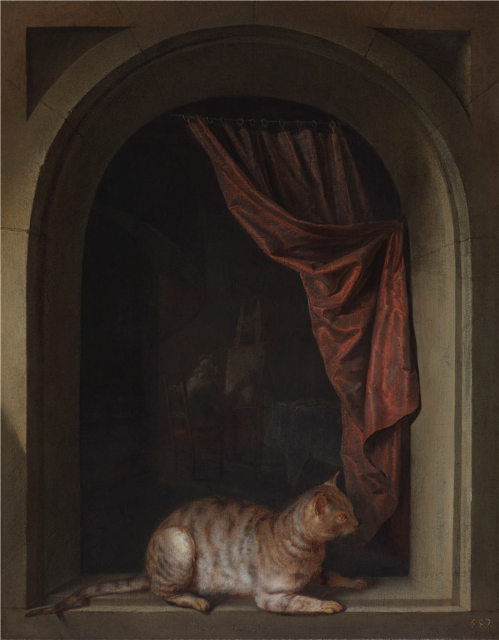 《猫蹲在艺术家工作室的窗台上》杰拉德·杜（Gerard Dou ）的画作-Cat Crouching on the Ledge of an Artist’s Atelier
