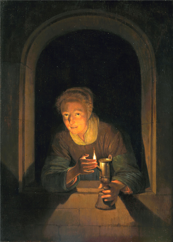 《年轻女子拿着灯》杰拉德·杜（Gerard Dou ）的画作-Young Woman Holding a Lamp
