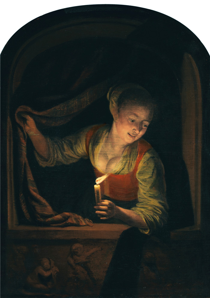杰拉德·杜(Gerard Dou )的画作-年轻人-窗户-蜡烛 Girl with a Candle at a Window