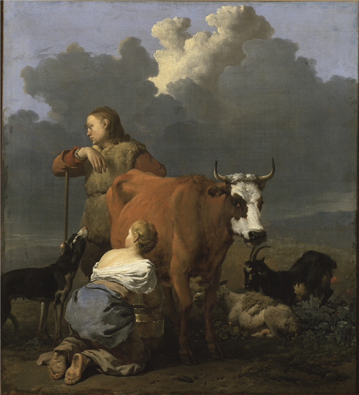 《农民女孩挤奶》卡雷尔·杜雅尔丹(Karel Dujardin) 的画作-Peasant Girl Milking a Cow