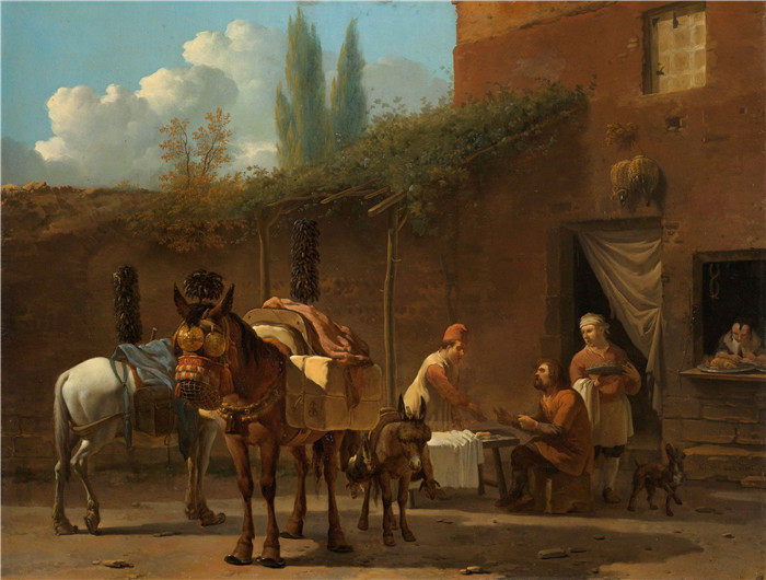 《在旅馆里的驱逐者》卡雷尔·杜雅尔丹(Karel Dujardin) 的画作-Muilezeldrijvers bij een herberg