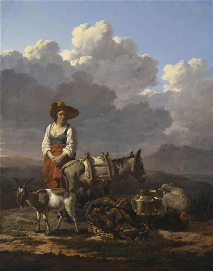 卡雷尔·杜雅尔丹(Karel Dujardin) 的画作-意大利风景中的年轻牧羊女和她的驴子