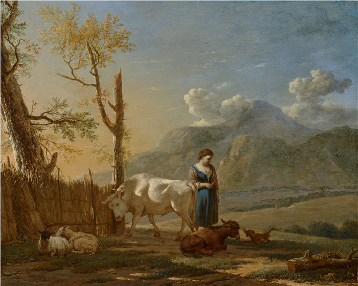 《与牧羊人一起的景观》卡雷尔·杜雅尔丹(Karel Dujardin) 的画作-Landscape with a Shepherdess