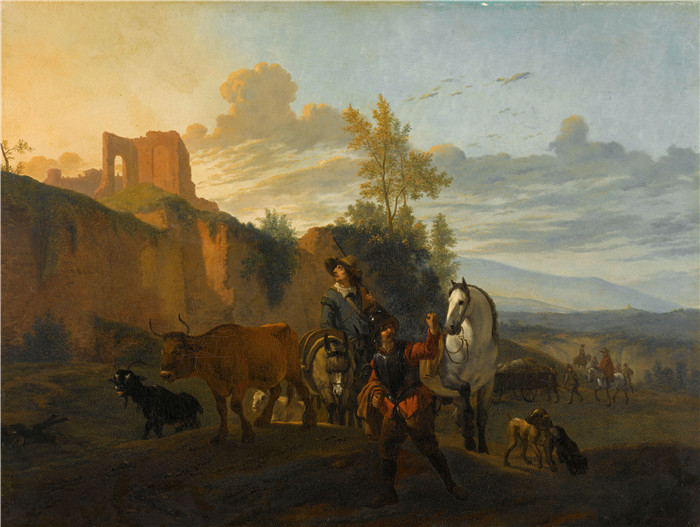 卡雷尔·杜雅尔丹(Karel Dujardin) 的画作-意大利陆军军官会见了索尔达滕Italiaans landschap met soldaten Rijksmuseum SK-C-280