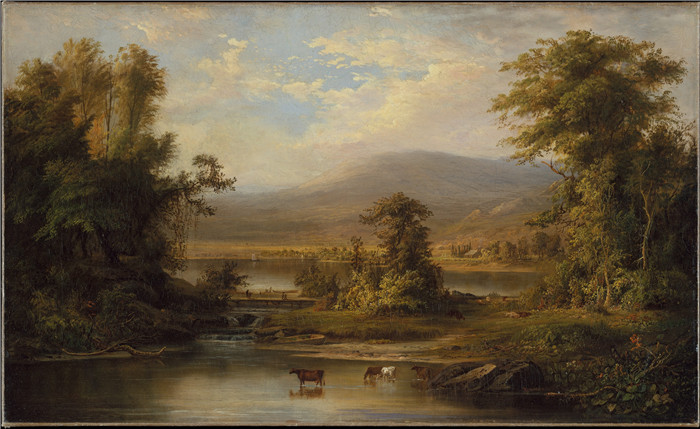 《奶牛在溪流中》罗伯特·邓肯森（Robert S.Duncanson）画作-Landscape with Cows Watering in a Stream
