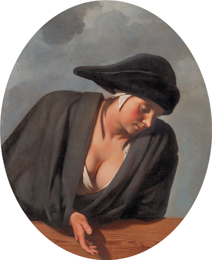 凯撒·范·埃弗丁根(Caesar van Everdingen)画作-一位戴着黑色帽子的年轻女子斜靠在木栅栏上