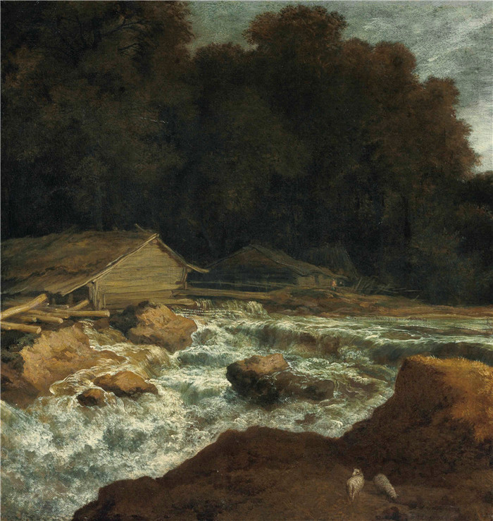 《一片树木繁茂的河流景观》阿勒特·范·埃弗丁根(Allaert van Everdingen)作品-A wooded river landscape with a woodmill by a weir