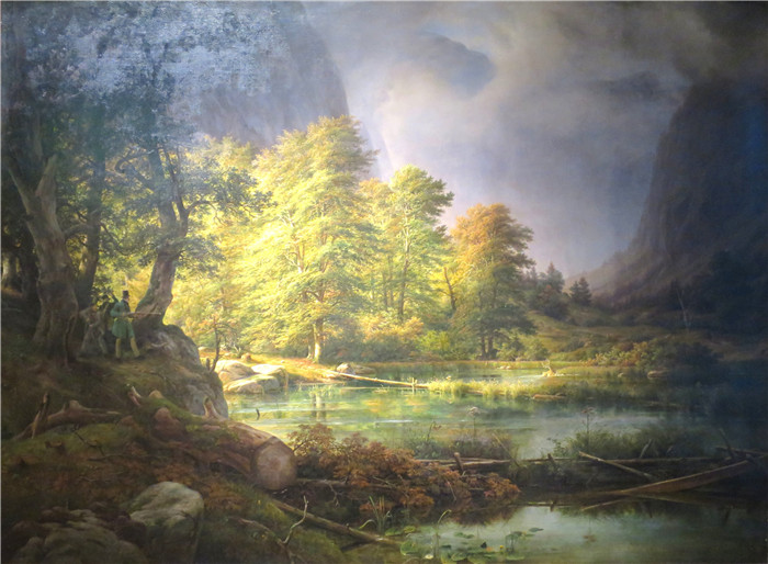 《国王湖狩猎》托马斯·费恩利（Thomas Fearnley）画作-'Hunting at Königsee'， Bergen Kunstmuseum