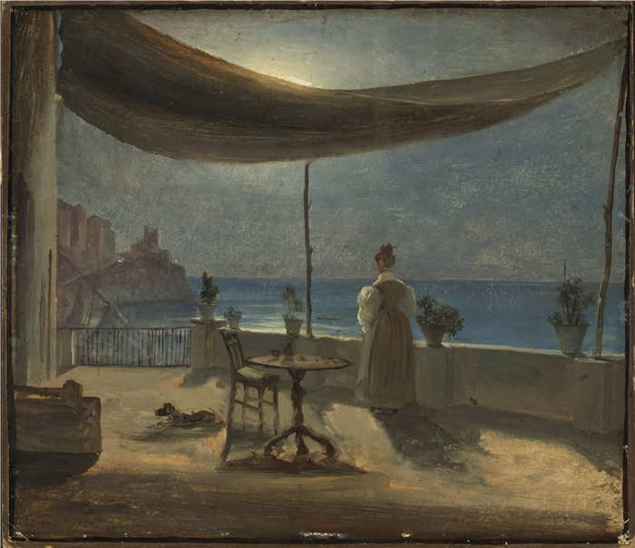 《阿马尔菲月光下的露台》托马斯·费恩利（Thomas Fearnley）画作-A Terrace in Amalfi in Moonlight