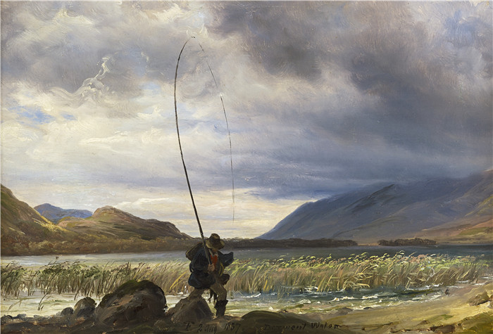 《德文特的渔夫》托马斯·费恩利（Thomas Fearnley）画作-Fisherman at Derwentwater