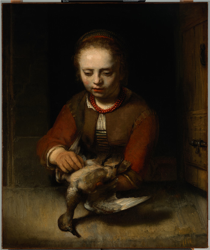 《年轻女孩抓鸭子》巴伦支·法布里修斯（Barent Fabritius）画作- Young Girl Plucking a Duck