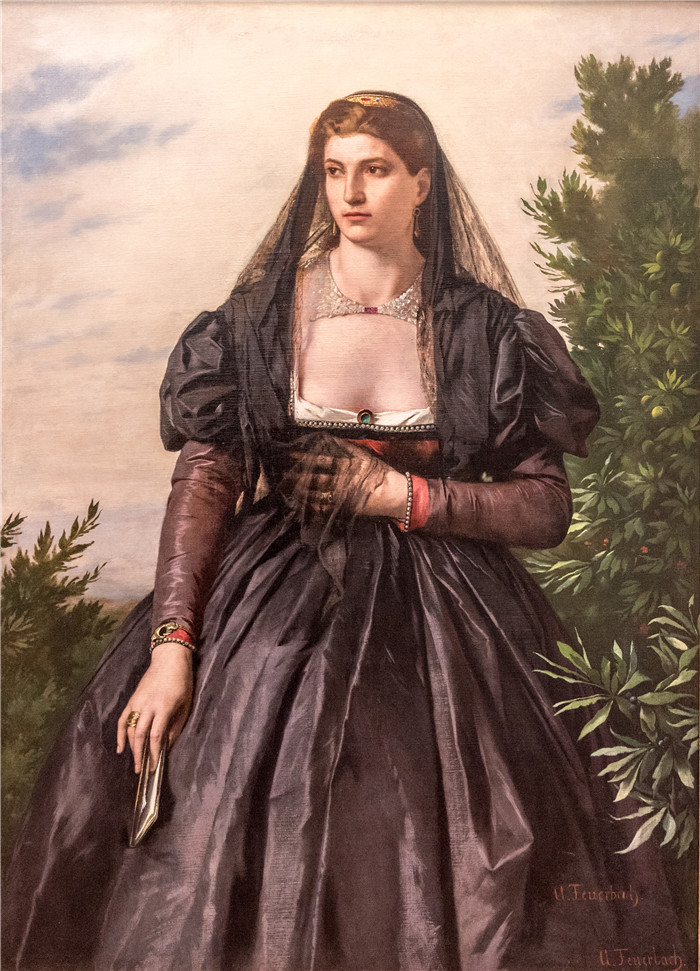 《罗马女人在樱桃啤酒前的肖像》安塞尔姆·费尔巴哈(Anselm Feuerbach)画作-Bildnis einer Römerin vor einem Kirschlorbeer, gegen 18