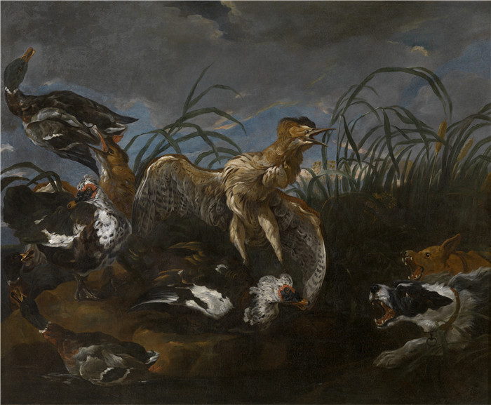 扬·菲特(Jan Fyt)画作-苦鸭子被狗吓了一跳