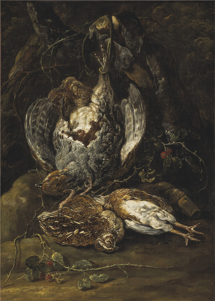 《鹌鹑与鹧鸪静物》扬·菲特(Jan Fyt)画作-Still Life with Quails and a Partridge (Jan Fyt)