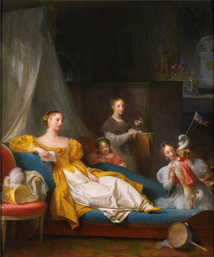 《一家人在室内玩狗》玛格丽特·热拉尔（Marguerite Gérard）的画作-A family in an interior playing with a dog