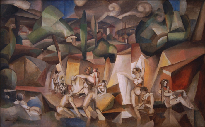 《浴妇》阿尔伯特·格列玆(Albert Gleizes)的画作-1912, Les Baigneuses, oil on canvas, 105 x 171 cm
