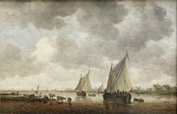 范·高恩(Jan van Goyen)画作-河上两艘大型帆船和靠近岸边的牲畜
