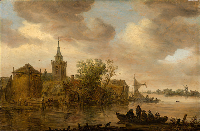 《河景教堂和农舍》范·高恩(Jan van Goyen)画作-River View with Church and Farmhouse