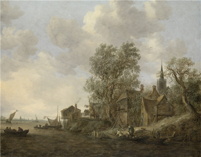 《河边村庄的景色》范·高恩(Jan van Goyen)画作-Gezicht op een dorp aan een rivier