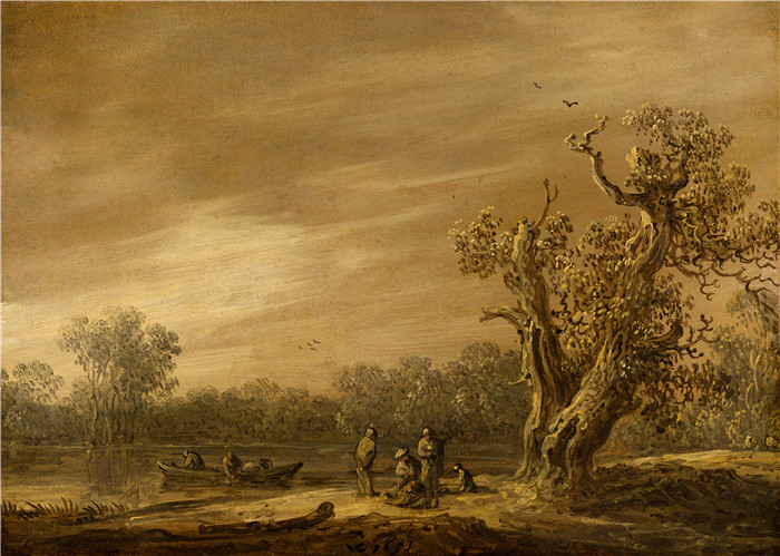 《湖岸边的渔民》范·高恩(Jan van Goyen)画作-Fishermen by the Lakeshore