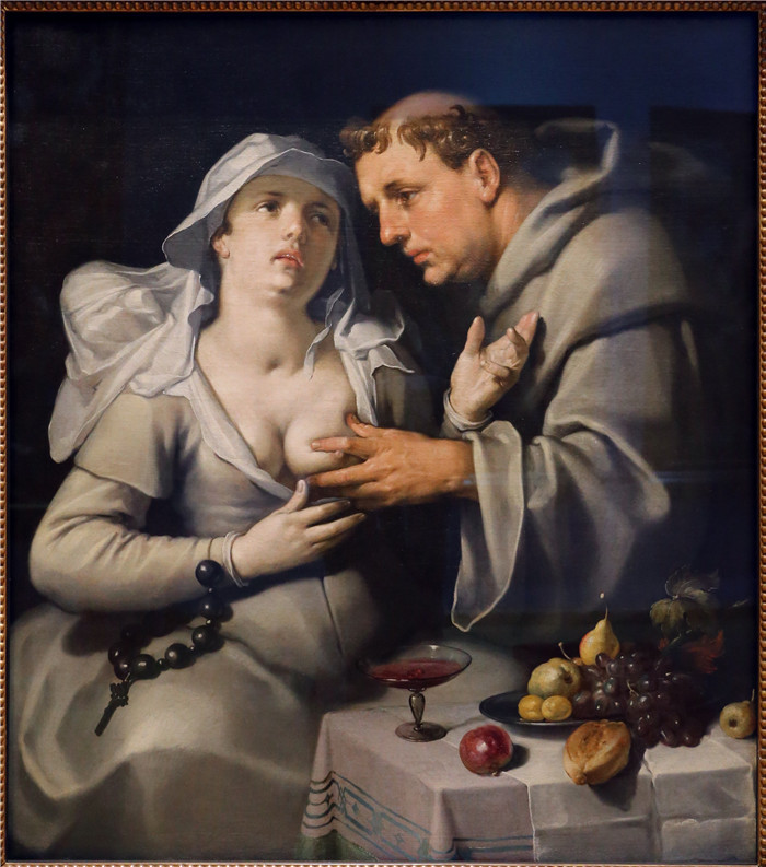 《修士触摸修女》科内利斯·科内利斯 （Cornelis Cornelisz） 的画作-monaco che tocca una suora, 1591