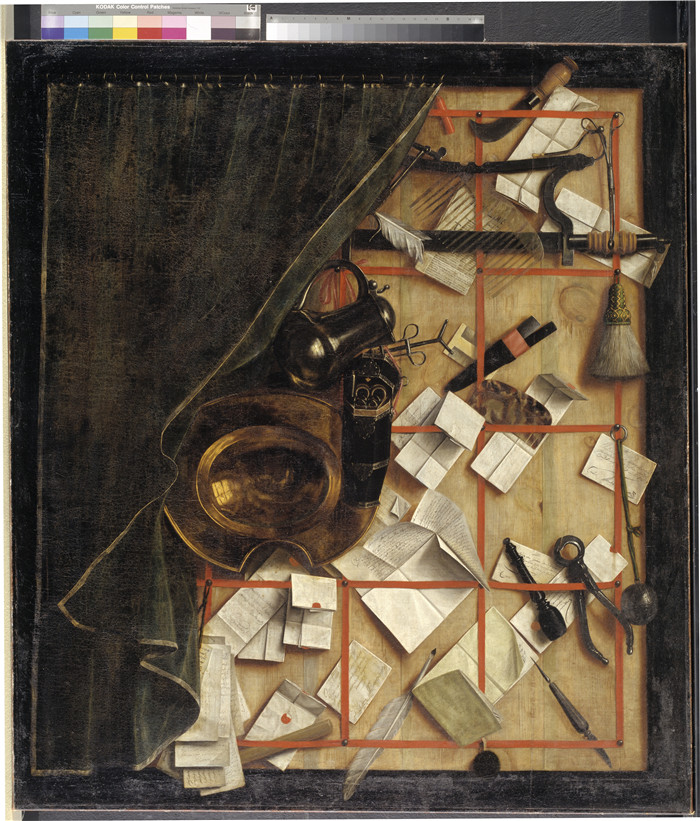 吉斯布雷希茨（Cornelis Norbertus Gysbrechts）的画作-错视画，带有理发外科医生器械的信架