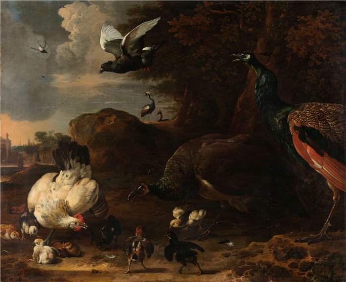 Melchior d'Hondecoeter画作-一只鸡受到两只蜘蛛的威胁