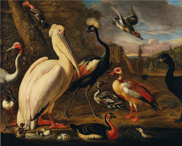 梅尔基奥尔·德德科特（Melchior d'Hondecoeter）画作-鹈鹕和其他水边鸟类的伙伴